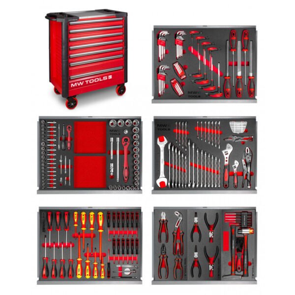 SERVANTE D'ATELIER COMPLÈTE PLATEAU INOX ROUGE 211 OUTILS