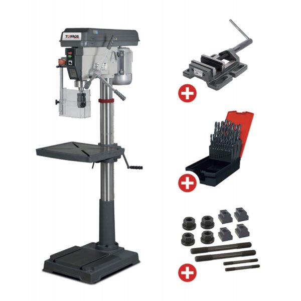 PACK PERCEUSE À COLONNE CM4 Ø30 MM 230V FS32M + ÉTAU DE PERÇAGE + BOULONS DE SERRAGE + JEU DE MÈCHES