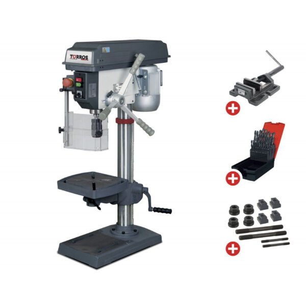 PACK PERCEUSE D'ÉTABLI CM2 Ø25 MM 230V FT20M + ÉTAU DE PERÇAGE + BOULONS DE SERRAGE + JEU DE MÈCHES