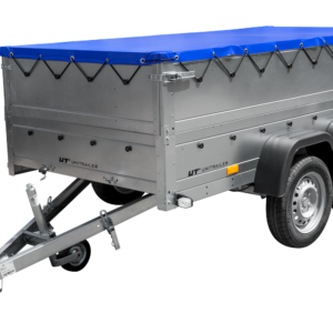 GARDEN TRAILER 264/2 KIPP REMORQUE À DEUX ESSIEUX AVEC ROUE JOCKEY, TIGES DE SUPPORT, RIDELLES SUPPLÉMENTAIRES ET BÂCHE PLATE BLEUE
