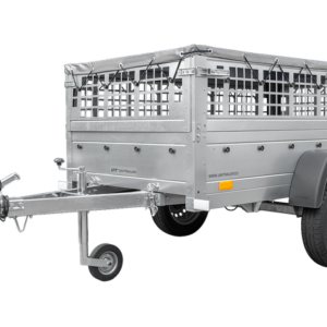 REMORQUE GRILLAGÉE 200X106 AVEC BÂCHE PLATE GRISE, TIGES DE SUPPORT BÂCHE, RIDELLES GRILLAGÉES ET ROUE JOCKEY - GARDEN TRAILER 200 KIPP