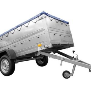 REMORQUE SIMPLE ESSIEU UNITRAILER GARDEN TRAILER 264 KIPP AVEC REHAUSSES DE RIDELLES ET BÂCHE PLATE BLEUE