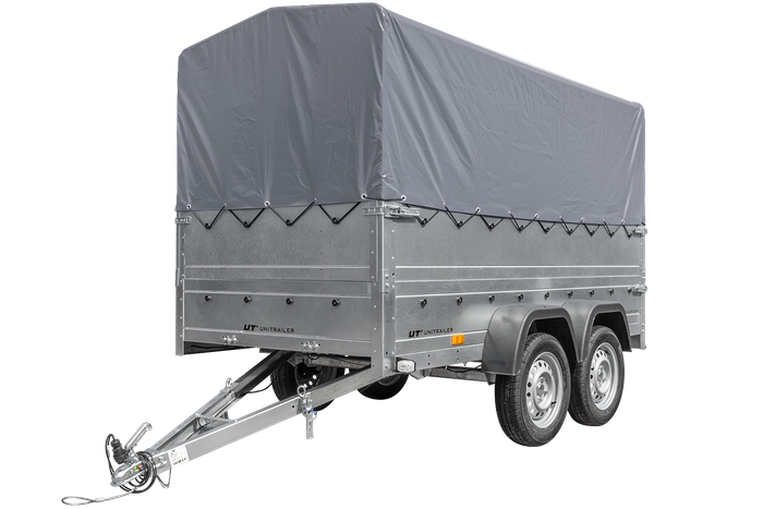 REMORQUE VOITURE 2 ESSIEUX UNITRAILER GARDEN TRAILER 264/2 KIPP AVEC ROUE JOCKEY, BIS CÔTÉS, CHÂSSIS H-800 ET BÂCHE GRISE